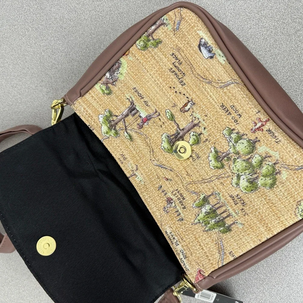 Disney Bag Womens Tan Winnie the Pooh Hundred Acre Crossbody Straw Buckle Down